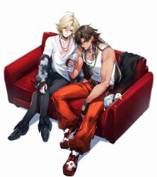 2boys absurdres alternate_costume asura_(onmyoji) bishounen black_choker black_hair blonde_hair bottle choker closed_mouth commentary commentary_request couch full_body green_eyes highres holding holding_bottle jewelry konsai_2 long_hair long_sleeves looking_at_viewer male_focus multicolored_hair multiple_boys muscular muscular_male necklace no_facial_mark no_tattoo onmyoji pectorals red_hair shirt short_hair simple_background sitting streaked_hair taishakuten_(onmyoji) tank_top two-tone_hair upper_body v-neck water_bottle white_background white_shirt white_tank_top