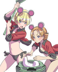 absurdres adapted_costume animal_ears bikini black_bikini black_bow blonde_hair blue_eyes bow braid darjeeling_(girls_und_panzer) fake_animal_ears food girls_und_panzer hair_bow highres jacket kine mallet military_jacket mochi mochitsuki multiple_girls open_mouth orange_hair orange_pekoe_(girls_und_panzer) parted_bangs short_hair side-tie_bikini_bottom st._gloriana&#039;s_military_uniform swimsuit thighs twin_braids yamashita_shun&#039;ya