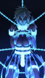 1girl blackjacke7 bleach bleach:_sennen_kessen-hen blonde_hair breasts chain chained chained_cuffs chained_legs chained_wrists colored_eyelashes dark-skinned_female dark_skin espada facial_mark female_focus gagged green_eyes large_breasts mask medium_hair simple_background textless_version tier_harribel variant_set