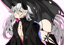 absurdres body_markings demon_girl demon_wings earrings fate/grand_order fate_(series) green_eyes grey_hair highres horns jacket jewelry lilith_(fate) multiple_earrings naked_jacket pointy_ears twintails unanooo_(fthx7532) wings