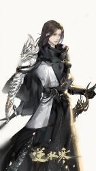 1boy armor asian belt black_belt black_eyes black_gloves black_hanfu black_scarf brown_hair character_name character_request chinese_clothes chinese_text closed_mouth expressionless feet_out_of_frame gloves hand_on_hilt hanfu light_particles lips long_hair long_sleeves looking_ahead male_focus mechanical_arms nishui_han o-ring o-ring_belt pauldrons petals scarf shoulder_armor simple_background single_glove single_mechanical_arm single_pauldron solo sword thick_eyebrows translation_request weapon white_background ye_dian_pikaqiu