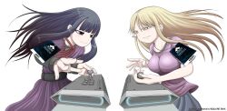2girls absurdres arcade_stick blonde_hair breasts controller evo game_controller hidaka_koharu high_score_girl highres joystick large_breasts long_hair multiple_girls official_art oono_akira oshikiri_rensuke purple_hair skirt