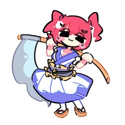1girl :3 absurdres black_eyes blue_dress blush brown_footwear closed_mouth coin commentary dress full_body geta hair_bobbles hair_ornament highres holding holding_scythe kourihase looking_at_viewer obi onozuka_komachi red_hair sash scythe simple_background solo touhou two_side_up white_background
