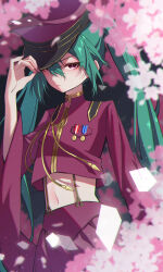 1girl absurdres adjusting_clothes adjusting_headwear cherry_blossoms closed_mouth green_hair hair_between_eyes hat hatsune_miku hatsune_miku_(ichi_no_sakura_oka) highres long_hair looking_at_viewer medal military_uniform navel peaked_cap pink_hat pink_nails pink_shirt pink_skirt purple_eyes senbonzakura_(vocaloid) shaded_face shirt sidelocks skirt solo stomach tiandingfengren twintails vocaloid