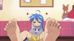 artist_request barefoot bed bedroom blue_hair calling cellphone derivative_work feet grey_shirt highres hood hoodie izumi_konata kyoto_animation long_hair lucky_star panda phone screenshot_redraw shirt shorts sitting smile socks soles spread_legs third-party_edit toes unworn_socks