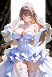 Rule 34 | 1girl, :d, bare shoulders, blush, breasts, brown hair, choker, cleavage, collarbone, commentary request, covered navel, cowboy shot, dress, earrings, elbow gloves, gloves, green eyes, hands up, jewelry, large breasts, long hair, looking at viewer, open mouth, original, ponytail, smile, solo, studiopokotan, thighhighs, thighs, wedding dress, white choker, white dress, white gloves, white thighhighs