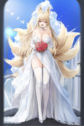 1girl :d absurdres animal_ears arch bare_shoulders blonde_hair blue_sky blush bouquet breasts choker cleavage cloud cloudy_sky day dress elbow_gloves fangs flower fox_ears fox_girl fox_tail frilled_choker frills full_body gem gloves hair_between_eyes high_heels highres holding holding_bouquet jewelry large_breasts legs lillly long_hair multiple_tails necklace open_mouth original outdoors red_eyes red_flower red_rose rose sky smile solo standing tail thighhighs thighs wedding_dress white_choker white_dress white_footwear white_gloves