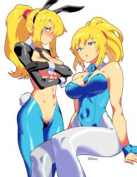 1girl 604yue animal_ears bare_shoulders black_necktie black_pasties black_shrug blonde_hair blue_eyes blue_leotard blue_necktie blush breasts closed_mouth collar collared_shrug covered_navel crotchless fake_animal_ears fake_tail hair_ornament heart_pasties highres large_breasts leotard long_hair looking_at_viewer meme_attire metroid navel necktie nintendo nontraditional_playboy_bunny pantyhose pasties playboy_bunny ponytail rabbit_ears rabbit_tail revealing_clothes reverse_bunnysuit reverse_outfit samus_aran shrug_(clothing) simple_background solo stomach tail white_pantyhose wrist_cuffs