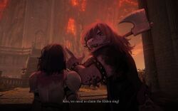 1girl 1other armlet armor axe black_hair black_vest bracelet breastplate castle commentary deltarune elden_ring elliboon english_commentary english_text erdtree_(elden_ring) game_screenshot_background highres holding holding_axe jewelry kris_(deltarune) long_hair medium_hair pauldrons pink_hair pointing screenshot_background sharp_teeth shoulder_armor spiked_armlet spiked_bracelet spikes stairs susie_(deltarune) teeth vest