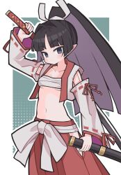 1girl arm_up black_eyes black_hair blunt_bangs blunt_ends border breasts closed_mouth collarbone commentary_request cowboy_shot crop_top disgaea green_background hair_ribbon hakama hakama_skirt highres holding holding_sword holding_weapon japanese_clothes kimono long_sleeves looking_at_viewer midriff outline outside_border parted_bangs pointy_ears ponytail red_hakama ribbon ribbon-trimmed_sleeves ribbon_trim ronin_(disgaea) sarashi skirt small_breasts solo suaman sword weapon white_border white_kimono white_outline white_ribbon wide_sleeves