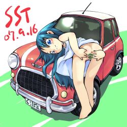 1girl anus ass barefoot bent_over blue_eyes blue_hair bottomless car commentary_request long_hair looking_at_viewer looking_back mini_cooper motor_vehicle presenting pun pussy sakurabe_notos saya_(saya_no_uta) saya_no_uta smile solo spread_pussy