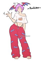 1girl animal_print barefoot bat_print bat_wings cake celebelian closed_eyes colored_pubic_hair darkstalkers english_text fang female_pubic_hair food head_wings highres lilith_(darkstalkers) navel off-shoulder_shirt off_shoulder pantylines pointy_ears pubic_hair pubic_hair_peek shirt solo waving wings