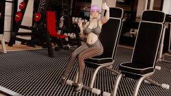 1girl 3d absurdres armpits ayane_(doa) blush breasts dead_or_alive dead_or_alive_5 gym highres large_breasts purple_hair red_eyes selfie short_hair solo tecmo