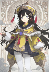 Rule 34 | 1girl, bespin, black hair, black sailor collar, black skirt, blue eyes, blunt bangs, braid, brooch, cape, charm (object), chinese clothes, chinese hat, chinese knot, comiket 105, double-parted bangs, feet out of frame, frilled cape, frilled sailor collar, frills, gold trim, hair ornament, hat, highres, hime cut, jewelry, long hair, looking at viewer, mandarin collar, original, pantyhose, pleated skirt, puffy sleeves, sailor collar, skirt, solo, tassel, tassel hair ornament, white pantyhose, xiangyun, yellow cape, yellow hat