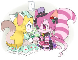 2girls alice_(cat_busters) animal_ears black_bow blonde_hair blue_eyes blush body_fur bow bracelet cat_busters cat_ears cat_girl cat_tail cheshire_(cat_busters) chibikemo classic_lolita club_(shape) commentary_request couple dress eyepatch furry furry_female furry_with_furry green_bow green_dress hair_bow hat jewelry lace-trimmed_bow lace_trim lolita_fashion long_hair low_twintails mini_hat mini_top_hat multiple_girls purple_eyes purple_fur purple_hair simple_background sitting spiked_bracelet spikes striped_tail tail top_hat twintails very_long_hair wariza wataboshi whiskers white_background white_fur yuri