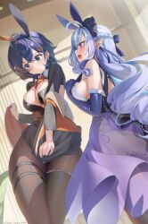 2girls adapted_costume alternate_costume animal_ear_hairband animal_ears belle_(zenless_zone_zero) black_leotard black_pantyhose black_shrug blush breasts closed_mouth commentary covering_privates crossed_legs drill_hair elbow_gloves embarrassed fake_animal_ears gloves green_eyes hairband highres hino_kagutsuki jacket large_breasts leotard long_hair multicolored_hair multiple_girls necktie orange_jacket orange_necktie pantyhose purple_gloves purple_hair purple_skirt rabbit_ear_hairband rabbit_ears red_eyes short_hair shrug_(clothing) skirt smile streaked_hair symbol-only_commentary twitter_username vivian_banshee white_hair zenless_zone_zero