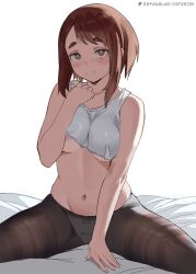 1girl areola_slip blush_stickers boku_no_hero_academia breasts bright_pupils brown_eyes brown_hair brown_pantyhose closed_mouth commentary_request highres looking_at_viewer medium_breasts panties panties_under_pantyhose pantyhose patreon_username short_hair simple_background solo tank_top underboob underwear uraraka_ochako white_background white_panties white_pupils white_tank_top zefrableu