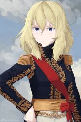 1girl absurdres alternate_costume belt blonde_hair blue_eyes closed_mouth epaulettes formal_clothes girls_und_panzer high_collar highres looking_at_viewer medium_hair military military_uniform oshida_(girls_und_panzer) pharaohetcaesar red_sash sash solo standing twitter_username