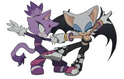 2girls animal_ears bat_ears bat_girl bat_wings blaze_the_cat blue_eyeshadow blush boots breasts cat_ears cat_girl cat_tail cleavage crop_top eyelashes eyeshadow forehead furry furry_female gloves green_eyes hand_grab highres makeup mario_&amp;_sonic_(series) mario_&amp;_sonic_at_the_olympic_games_(2007) mario_&amp;_sonic_at_the_tokyo_2020_olympic_games mario_(series) medium_breasts multiple_girls nintendo pants pink_boots ponytail purple_fur rouge_the_bat simple_background small_breasts smirk sonic_(series) sonic_riders sonic_riders_(series) sportswear sweatdrop tail unneul white_background white_fur white_gloves wings yellow_eyes