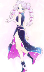1girl :o ankle_boots bare_shoulders black_boots black_dress blue_eyes boots breasts commentary_request dress fire_emblem fire_emblem:_genealogy_of_the_holy_war hand_up leg_up long_hair looking_at_viewer looking_back medium_breasts multi-tied_hair nintendo open_mouth parted_bangs purple_hair side_slit sleeveless sleeveless_dress solo standing standing_on_one_leg tenjin_(ahan) tine_(fire_emblem) twintails wrist_cuffs