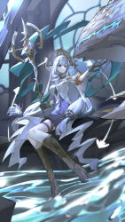 Rule 34 | 1girl, absurdres, arknights, black dress, boots, brown boots, brown gloves, dalachi (headdress), dress, full body, gloves, headdress, highres, holding, holding staff, ishar-mla (arknights), layered dress, long hair, red eyes, skadi (arknights), skadi the corrupting heart (arknights), skadi the corrupting heart (sublimation) (arknights), solo, staff, two-tone dress, very long hair, white dress, white hair, yagi000