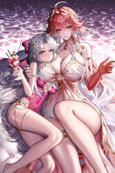 2girls absurdres ahoge bare_legs bare_shoulders black_bow body_markings bow braid breasts carlotta_(splashing_summer)_(wuthering_waves) carlotta_(wuthering_waves) changli_(laurel_nymph)_(wuthering_waves) changli_(wuthering_waves) cleavage closed_mouth colored_extremities commentary_request covered_navel dress feet_out_of_frame food frilled_one-piece_swimsuit frills grey_eyes hair_bow hair_extensions hand_on_another&#039;s_chest hand_on_another&#039;s_shoulder head_wreath highres holding holding_food ice_cream jewelry large_breasts legs long_hair looking_at_viewer medium_breasts multicolored_hair multiple_girls official_alternate_costume one-piece_swimsuit orange_eyes parted_bangs parted_lips pink_bow pink_hair pink_one-piece_swimsuit pout red_dress red_hands rib_(rib_delesetong) ring_hair_extensions smile striped_bow sundae swimsuit thighlet thighs twin_braids two-tone_hair very_long_hair water white_hair wuthering_waves