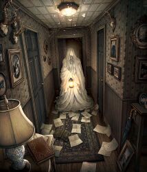 1other ambiguous_gender animal_skull book bug butterfly carpet commentary_request desk_lamp door envelope full_body ghost hallway highres holding holding_lantern indoors insect kobone_awaki lamp lantern light_particles moth original pages painting_(object) photo_(object) robe silk spider_web trophy_head umbrella white_robe wooden_floor