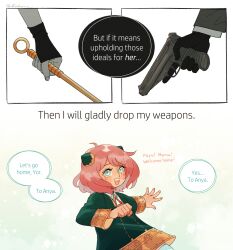 1boy 2girls anya_(spy_x_family) black_dress blue_eyes child commentary dagger dress eden_academy_school_uniform english_commentary gloves gun hairpods handgun highres holding holding_gun holding_weapon knife multiple_girls open_mouth partially_colored pink_hair school_uniform smile spy_x_family steohsama stiletto_(weapon) trigger_discipline twilight_(spy_x_family) weapon yor_briar