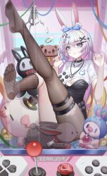 1girl absurdres animal_ear_fluff animal_ears black_choker black_leotard black_pantyhose blue_bow blue_eyes bow braid braided_sidelock breasts choker cleavage colored_inner_hair commentary commission crane_game crop_top crying crying_with_eyes_open english_commentary feet fishnet_kneehighs foot_on_glass furrowed_brow hair_between_eyes hair_bow hair_ornament hands_up heart heart_hair_ornament highres in_crane_game jewelry large_breasts leg_up leotard long_hair looking_ahead luai multicolored_hair necklace no_shoes original pantyhose pout print_shirt purple_hair rabbit_ears shirt single_braid single_fishnet_legwear single_leg_pantyhose soles solo stuffed_animal stuffed_toy tears teddy_bear thigh_strap toes torn_clothes torn_pantyhose white_shirt x_hair_ornament