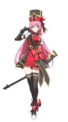 absurdres aida_(starward) black_gloves blue_eyes braid breasts gloves gun hat highres holding holding_gun holding_weapon long_hair looking_at_viewer medium_breasts military_uniform pink_hair rifle sakesakana_(korezyanai) shako_cap soldier starward thighhighs top_hat very_long_hair weapon