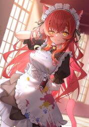 Rule 34 | 1girl, animal ears, apron, bandaged arm, bandages, black bow, blush, bow, bowtie, closed mouth, commentary request, fang, gun, hair bow, hair ornament, hair tie, highres, indoors, looking at viewer, maid, maid headdress, multicolored hair, nekota tsuna, nekota tsuna (3rd costume), orange eyes, orange hair, red bow, red bowtie, red hair, solo, streaked hair, tail, two-tone hair, virtual youtuber, vspo!, weapon, white apron, x hair ornament, z.m. (zimin)