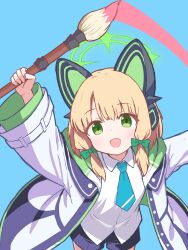 1girl :d animal_ear_headphones animal_ears arms_up black_shorts blonde_hair blue_archive blue_background blue_necktie bow buttons calligraphy_brush cat_ear_headphones cat_ears collared_shirt commentary_request cowboy_shot fake_animal_ears from_above green_bow green_eyes green_halo green_jacket hair_bow halo happy head_tilt headphones highres holding holding_paintbrush jacket light_blush long_sleeves looking_at_viewer low-tied_sidelocks medium_hair midori_(blue_archive) multicolored_jacket necktie open_clothes open_jacket open_mouth paintbrush painting_(action) parted_bangs school_uniform shirt short_shorts shorts sidelocks simple_background sleeve_cuffs smile solo synaaap tareme two-sided_fabric two-sided_jacket untucked_shirt white_jacket white_shirt wide_sleeves
