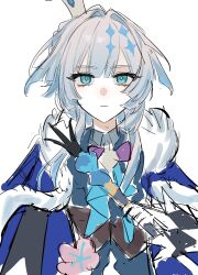 1girl aqua_dress aqua_eyes blue_cape blue_hair blue_pupils blunt_bangs cane cape cerydra_(honkai:_star_rail) chinese_commentary closed_mouth collared_dress crown diamond-shaped_pupils diamond_(shape) dress fur-trimmed_cape fur_trim hair_intakes highres holding holding_cane holding_weapon honkai:_star_rail honkai_(series) long_hair long_sleeves looking_at_viewer mofeidinglu27472 multicolored_eyes multicolored_hair simple_background sketch solo star_(symbol) symbol-shaped_pupils upper_body wavy_hair weapon white_background
