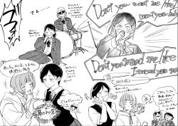 +++ 4girls :d apt._(rose_&amp;_bruno_mars) bass_drum blazer blunt_bangs cellphone commentary_request drooling drum drum_set drumsticks emphasis_lines fake_facial_hair fake_mustache fujii_ayame futsuu_no_keion-bu greyscale hatono_chihiro heartbreak_(futsuu_no_keion-bu) highres holding holding_drumsticks holding_phone instrument jacket kouyama_rin long_sleeves lyrics mixed-language_text monochrome mouth_drool multiple_girls multiple_views music neck_ribbon open_clothes open_jacket open_mouth own_hands_together phone playing_drum pose_imitation ribbon ringopaisa school_uniform short_hair singing smartphone smile speech_bubble sunglasses sweater_vest translation_request uchida_momo upper_body winter_uniform