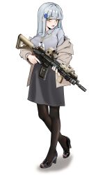 1girl absurdres alternate_costume assault_rifle black_pantyhose black_shoes blue_hair blue_nails breasts brown_jacket commentary cross_hair_ornament english_commentary girls&#039;_frontline green_eyes grey_shirt grey_skirt gun h&amp;k_hk416 hair_ornament high_heels highres hk416_(girls&#039;_frontline) hk416_(mod3)_(girls&#039;_frontline) holding holding_gun holding_weapon id_card jacket jian_(ntd_ak12) laser_sight long_hair off_shoulder office_lady open_mouth pantyhose rail_(weapon) rifle shirt shoes simple_background skirt solo striped_clothes striped_shirt tattoo teardrop_facial_mark teardrop_tattoo teeth trigger_discipline upper_teeth_only vertical-striped_clothes vertical-striped_shirt weapon white_background window_magazine