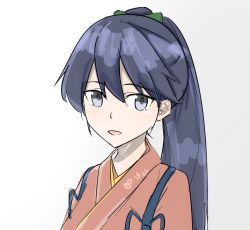 1girl black_hair commentary green_ribbon grey_eyes hair_between_eyes hair_ribbon highres houshou_(kancolle) japanese_clothes kantai_collection kimono lesoa light_smile long_hair looking_at_viewer pink_kimono ponytail ribbon simple_background solo tasuki white_background