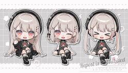 &gt;_&lt; 1girl :d ;d black_boots black_hat black_jacket black_sailor_collar blush boots character_request chibi chibi_only closed_eyes commentary copyright_request cross cross_earrings ear_piercing earrings facing_viewer full_body grey_background grey_hair grey_shirt grey_skirt grid_background hair_ornament hand_up hat jacket jewelry long_hair long_sleeves looking_at_viewer multiple_views myon_rio one_eye_closed open_clothes open_jacket open_mouth piercing pleated_skirt red_eyes ribbed_socks sailor_collar shirt short_hair sitting skirt sleeveless sleeveless_shirt smile socks twintails twitter_username watermark white_socks x_hair_ornament xd