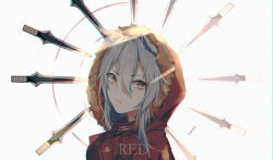 1girl absurdres animal_ears arknights bloom character_name chromatic_aberration close-up commentary_request dagger english_text fur-trimmed_hood fur-trimmed_jacket fur_trim grey_hair hair_between_eyes highres hood hood_up huo_jian_chong_rudao_76 jacket knife looking_at_viewer parted_lips projekt_red_(arknights) red_jacket simple_background solo upper_body weapon white_background wolf_ears wolf_girl yellow_eyes