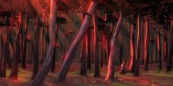blurry cape depth_of_field forest fox_girl fur_collar holding holding_staff landscape light_rays mountainous_horizon nature no_humans orange_light original outdoors painterly scenery staff sunset tree_stump walking zandra
