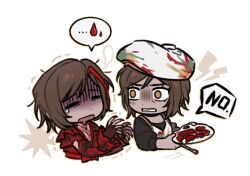 2girls blood brown_hair clenched_teeth crying disgust dress dual_persona highres la_manchaland_(identity)_(project_moon) limbus_company multicolored_hair multiple_girls ohzv open_mouth outis_(project_moon) paint_palette paintbrush project_moon red_dress red_eyes ring_(identity)_(project_moon) short_hair simple_background streaked_hair teeth upper_body vampire white_background