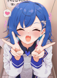 1girl black_shirt blazer blue_hair blush closed_eyes double_v fang hair_ornament heart highres indoors jacket nijisanji nishizono_chigusa nishizono_chigusa_(1st_costume) open_mouth shirt skin_fang smile solo sound_effects spoken_heart sweat v virtual_youtuber yohunokasi