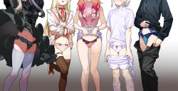 5girls absurdres black_hair black_panties black_pants black_sweater blonde_hair blouse blue_panties bow bow_panties brown_dress brown_panties brown_thighhighs buttons center_frills clothes_lift clothes_pull colored_inner_hair commentary_request double-breasted dress frilled_dress frilled_jacket frills gradient_background gradient_hair green_dress grey_hair head_out_of_frame highres hiodoshi_ao hiodoshi_ao_(1st_costume) hololive hololive_dev_is ichijou_ririka ichijou_ririka_(1st_costume) jacket jewelry juufuutei_raden juufuutei_raden_(1st_costume) kuroi_suna legs lifting_own_clothes lingerie long_hair long_sleeves miniskirt multicolored_hair multiple_girls navel neck_ribbon orange_hair otonose_kanade otonose_kanade_(1st_costume) panties pants pants_pull pencil_skirt pink_hair pink_panties pink_shirt plaid_clothes plaid_dress purple_skirt regloss_(hololive) revision ribbon shirt shirt_lift short_hair shorts shorts_pull sidelocks skirt sleeveless sleeveless_shirt standing standing_on_one_leg sweater thighhighs thighlet thighs todoroki_hajime todoroki_hajime_(1st_costume) underwear v-neck virtual_youtuber white_background white_jacket white_panties white_shirt white_shorts white_thighhighs