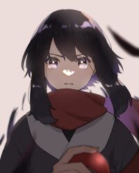 1girl akari_(pokemon) black_hair blurry commentary_request eyelashes grey_eyes hand_up harb_genzai highres hisuian_poke_ball holding holding_poke_ball jacket looking_at_viewer nintendo parted_lips poke_ball pokemon pokemon_legends:_arceus red_scarf scarf sidelocks solo upper_body