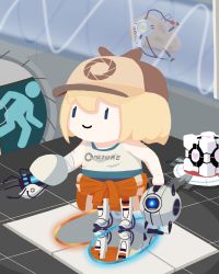 Rule 34 | 1girl, absurdres, aperture science handheld portal device, aperture science weighted companion cube, bandages, bare shoulders, blonde hair, blue eyes, boots, breasts, companion cube, door, glados, hair between eyes, hat, heart, highres, hololive, hololive english, jacket, portal, portal (object), portal (series), portal 2, potato, robot, shirt tied around waist, short hair, small breasts, smol ame, souls4u, tank top, track jacket, track suit, under shirt, virtual youtuber, watson amelia, wheatley