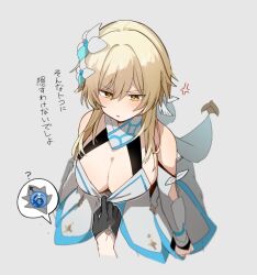 1boy 1girl anger_vein arm_cutout black_gloves blonde_hair blush breasts cleavage dress flower genshin_impact gloves grey_background hair_flower hair_ornament half_gloves kuromu_shado large_breasts lumine_(genshin_impact) parted_lips short_hair_with_long_locks sidelocks simple_background tartaglia_(genshin_impact) vision_(genshin_impact) white_dress yellow_eyes