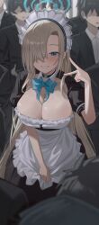 1girl 6+boys alternate_costume apron asuna_(blue_archive) black_choker black_dress blonde_hair blue_archive blue_bow blue_bowtie blue_eyes blue_halo blush bow bowtie breasts choker cleavage commentary dress frilled_apron frills hair_over_one_eye halo highres inward_v large_breasts long_hair looking_at_viewer maid_apron maid_headdress multiple_boys short_sleeves smile sweetcho v very_long_hair white_apron