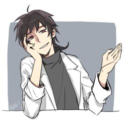1boy brown_hair commentary_request grey_sweater hand_on_own_cheek hand_on_own_face hand_up harada_minoru lab_coat long_sleeves looking_at_viewer male_focus mimura_tokusa mullet open_clothes red_eyes saibou_shinkyoku signature smile solo sweater turtleneck turtleneck_sweater upper_body