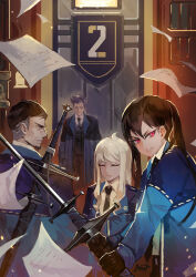 Rule 34 | 2boys, 2girls, angry, anupatten, black hair, blonde hair, blue jacket, closed eyes, flying paper, gloves, grey hair, highres, holding, holding sword, holding weapon, isadora (project moon), jacket, julia (project moon), library of ruina, multicolored hair, multiple boys, multiple girls, necktie, paper, pink eyes, project moon, san (project moon), scowl, sword, sword on back, twintails, walter (project moon), weapon, weapon on back, zwei association south uniform, zweihander