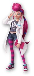 1girl 3d absurdres berecca_(ninjala) coat highres long_hair ninjala nintendo official_art pink_hair pompadour shorts striped_clothes striped_thighhighs thighhighs white_coat