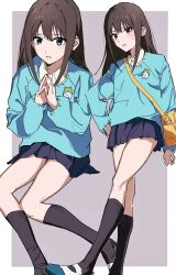1girl absurdres bag black_skirt black_socks bloom_into_me15 blue_shirt brown_hair foot_out_of_frame green_eyes hand_on_own_hip hands_up highres idolmaster idolmaster_cinderella_girls kindergarten_bag kindergarten_uniform long_hair long_sleeves looking_at_viewer multiple_views own_hands_together parted_lips pleated_skirt shibuya_rin shirt shoes shoulder_bag sitting skirt smock socks standing sweatdrop yellow_bag